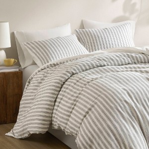 Okak Queen/King 3-Piece Linen Bed Duvet Cover Set with Vertical Stripes Pattern,Comfortable Coverlet Bedding Sets,Machine Washable - 1 of 4