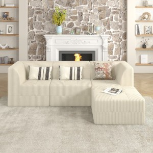 Beige L-Shaped Modular Corduroy Sofa with Sleeper Function, Space-Saving Design - 1 of 3