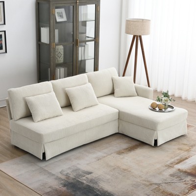 FONTOI Sectional Sofas, L-shaped Sofa with Pleated Skirt, Convertible Sleeper Couch with Pillows for Living Room Apartment, Beige, 87"*33"*61"
