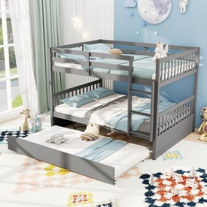 Costway Full over Full Bunk Bed Platform Wood Bed with  Trundle & Ladder Rail Gray/White/Brown - 1 of 4