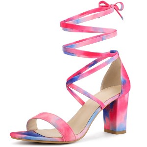 Allegra K Women's Tie Dye Lace-Up Strappy Chunky Heel Sandals - 1 of 4
