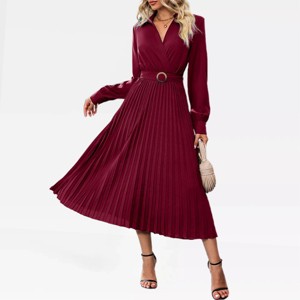 Womens Long Sleeve Dress Collared Surplice Belted Dress with Gather Cuffed Lantern Sleeve V Neck Elegant Formal Dress Pleated Maxi Dress - 1 of 4