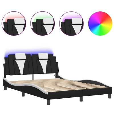 vidaXL Full Faux Leather Bed Frame with LED Lights - Black/White, Modern Waved Design, Supportive Plywood Slats and Headboard Cushion