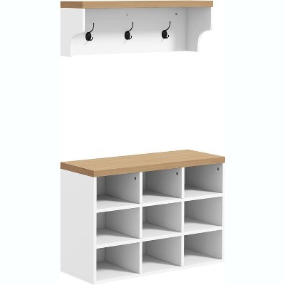 TIRAMISUBEST Hall Tree with Bench and Shoe Storage, 4 in 1 Coat Rack Set, Industrial Bench Shoe Cubbies, for Entryway, Hallway, Bedroom, White