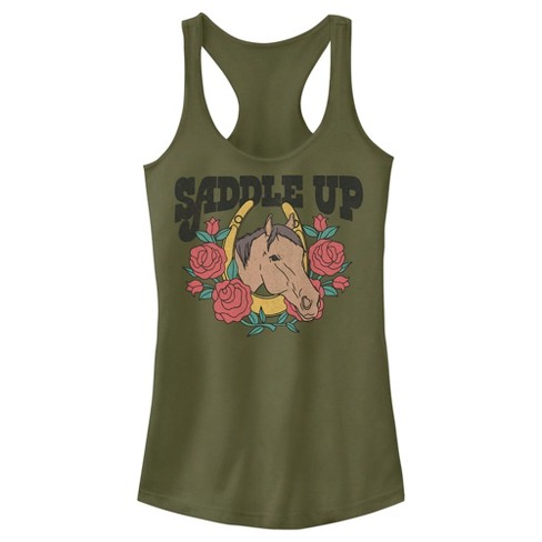 Juniors Womens Lost Gods Saddle Up Horse Racerback Tank Top Military Green Small Target