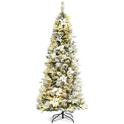 Costway 7ft Pre-lit Snow Flocked Christmas Tree w/ Berries & Poinsettia Flowers