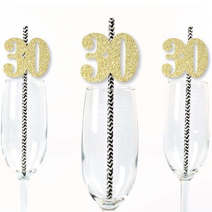 Big Dot of Happiness Gold Glitter 30 Party Straws - No-Mess Real Gold Glitter Cut-Out Numbers & Decorative 30th Birthday Party Paper Straws - 24 Ct - 1 of 4