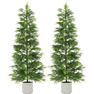 2Pcs Artificial Cedar Topiary Trees with White Pot,Faux Plants,UV Resistant Fake Evergreen,Artificial Christmas Tree for Outdoor Indoor Door Garden - 1 of 4