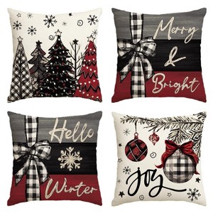 Merry Christmas Joy Xmas Trees Red Throw Pillow Covers, 18 x 18 Inch, Set of 4 - 1 of 4