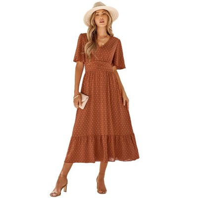 Coolmee Women's Summer Boho Dresses V Neck Ruffle Sleeve  Elastic Waist Flowy Maxi Dress