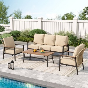 Captiva Designs 4pc 5-Seat Outdoor Patio Sofa Conversation Set with rope-Woven Rattan Chairs - 1 of 4