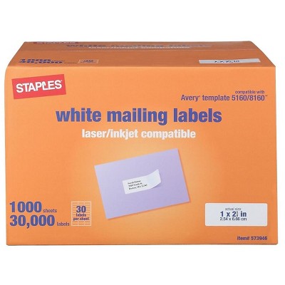 Staples Laser/Inkjet Address Labels 1"H x 2 5/8"W White 30 Labels/Sheet 573946