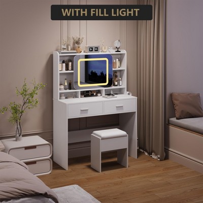 Vanity Sliding Desk and Stool with Mirror and Lights，Makeup Vanity with Charging Station, Drawers, Storage Shelves for Bedroom