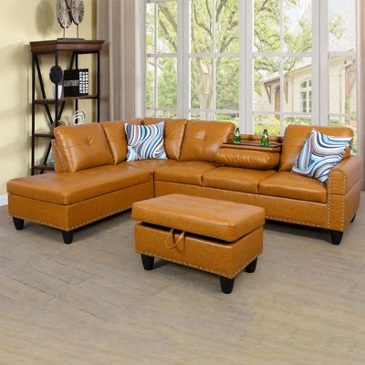 DOMETOUR Ginger Semi PU Synthetic Leather 3-Piece Sofa Set (Sofa+Chaise+Ottoman)