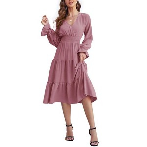 Coolmee Women's Bohemian Dress Casual Long Sleeve V Neck Dress Floral Flowy Maxi Dresses Tiered Cocktail Dress - 1 of 4