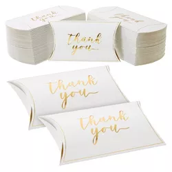 Sparkle and Bash 100 Pack White Wedding Party Favor Pillow Boxes with Gold Foil Thank You, Bulk Gift Wrap for Party Supplies, 5 x 3 In