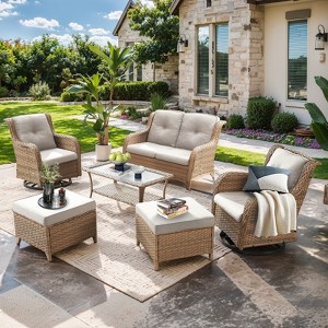 Gymojoy 6 Piece Outdoor Wicker Loveseat Sofa with Patio Swivel Glider Chairs with Coffee Table and Ottoman Sets - 1 of 4