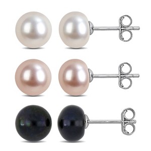 EVERLY JEWELRY | Sterling Silver 7-8mm Pink White and Black Cultured Freshwater Pearl Stud Earrings 3-Piece Set - 1 of 3