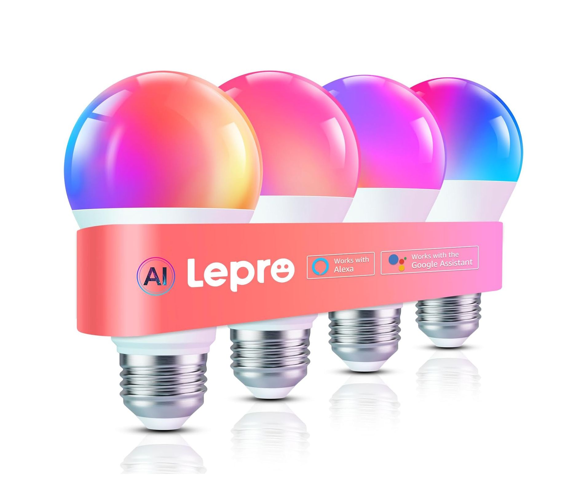Lepro B1 AI Smart LED Light Bulbs RGBWW Color Changing Compatible with Alexa & Google Assistant, Music Sync, 2.4GHz WiFi & Bluetooth, 4 Packs
