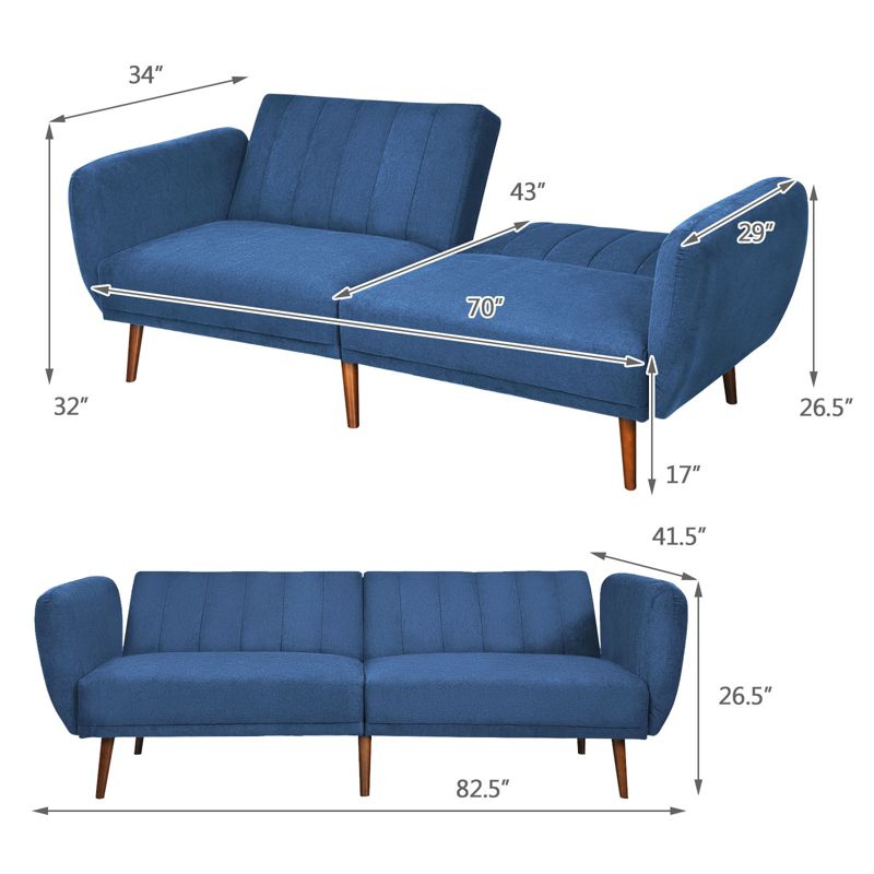 Costway Convertible Futon Sofa Bed Adjustable Couch Sleeper w/ Wood Legs Navy\Grey\Yellow, 2 of 11