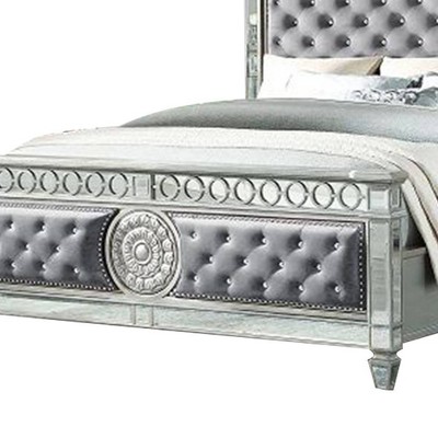 Varian Gray Velvet Upholstered Queen Bed with Mirrored Accents