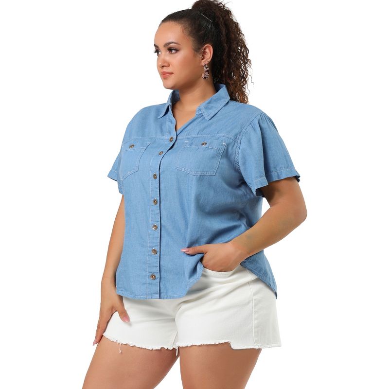 Agnes Orinda Women's Plus Size Short Sleeve V Neck Chest Pocket Solid Button Down Shirts, 4 of 7