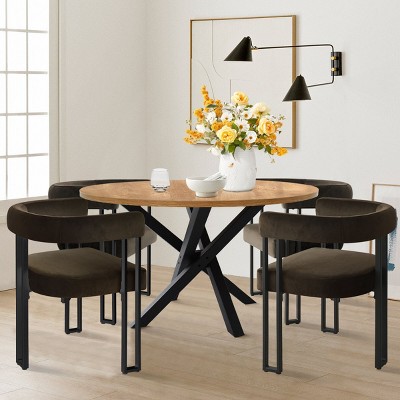 5-piece Oak Grain Round Dining Table Set for 4, Round Table with 4 Modern Design Armrest Dining Chair, Dining Room Furniture - Maison Boucle