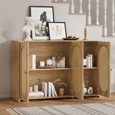 TIRAMISUBEST Retro 3-Door Sideboard Cabinet with Rattan Doors - 55" Wide Storage Buffet with Wheels for Living Room & Dining Room