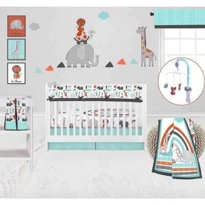 Bacati - Jungle Safari Aqua Orange Gray 10 pc Crib Bedding Set with Long Rail Guard Cover