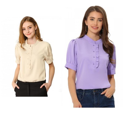 Allegra K Women's Work Office Half Placket Ruffled Puff Sleeve Blouse 2 Packs
