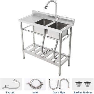Coucheta Commercial Kitchen Sink with Faucet, Storage Shelves, Double Bowl - for Indoor & Outdoor Use - 1 of 4