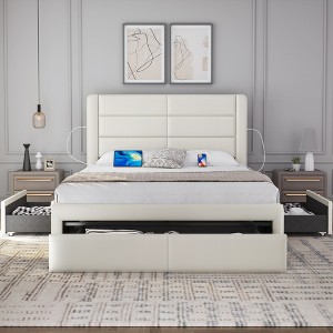 Yaheetech Upholstered Bed Frame with 3 Storage Drawers and Built-In USB Ports - 1 of 4