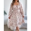 Women's Smocked Lantern Long Sleeve Fall Casual Boho Long Dress Square Neck Flowy Swing A Line Midi Dress - 2 of 4