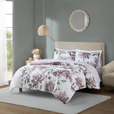 Madison Park 7pc Full Robin Floral Comforter Bedding Set with Bed Sheets Mauve: Microfiber, Botanical Pattern, Machine Washable