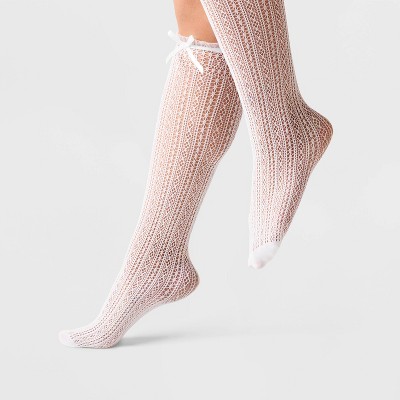Women's Diamond Striped Net Knee Highs with Ruffle Trim and Bow Detail - A New Day™ White 4-10