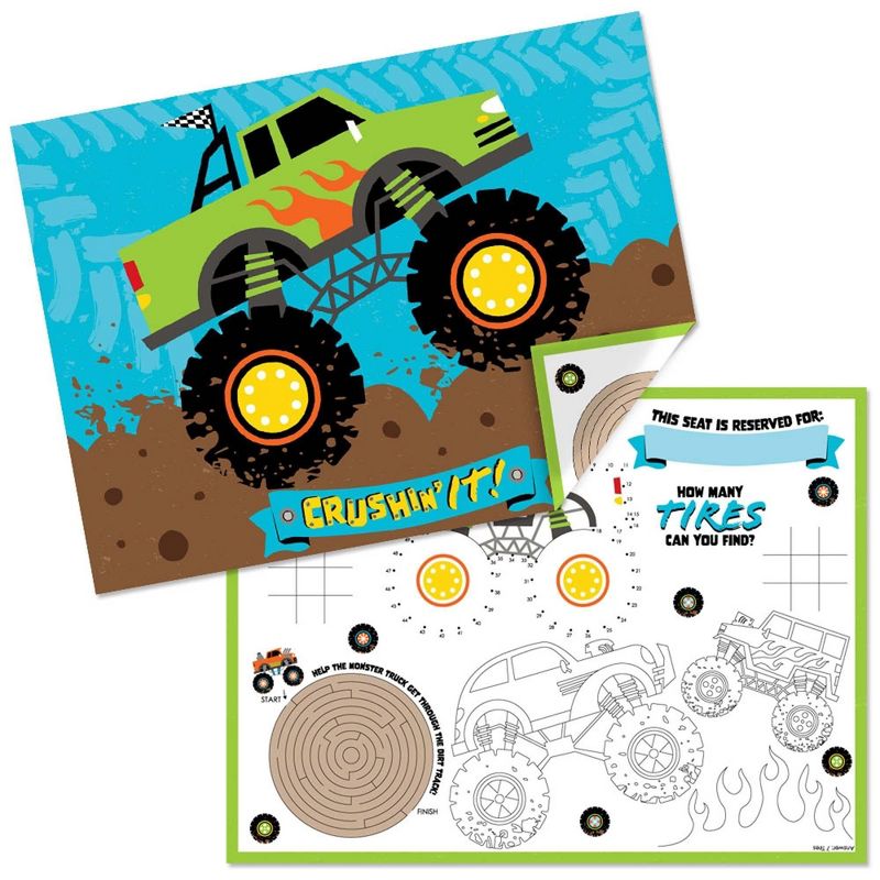 Big Dot of Happiness Smash and Crash - Monster Truck - Paper Boy Birthday Party Coloring Sheets - Activity Placemats - Set of 16, 1 of 8