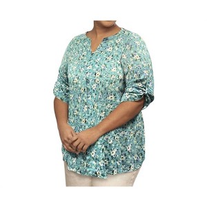 Women's Printed 3/4 Sleeve Mandarin Roll Button Blouse - Plus - On The Plus Side - 1 of 3