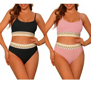 Elerevyo Women's High Waisted Ribbed Adjustable Spaghetti Straps Push Up Swimsuit Bathing Suits 2 Sets - 1 of 4