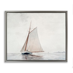 Stupell Industries Sailboat Foggy Weather Clouds Ocean Waves Crashing Black Floater Framed Canvas Wall Art - 1 of 4