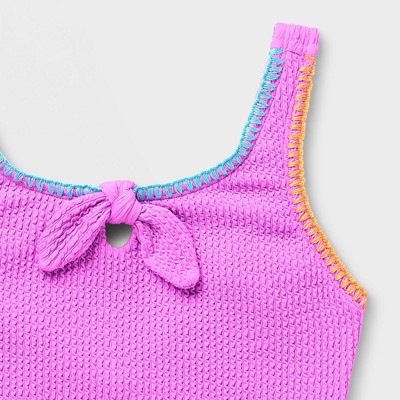 Cat & Jack Girls' Colorful Crinkle Solid One Piece Swimsuit - Cat & Jack™ Purple S — фото 3