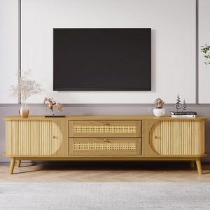 CAVINAS Rattan TV Stand for 75" TVs, 66.93" Farmhouse Media Console with Solid Wood Doors & Drawers,MDF Entertainment Center for Living Room - 1 of 4