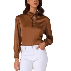 INSPIRE CHIC Women's Satin Puff Long Sleeve Mock Neck Tie Front Casual Business Work Shirts - 1 of 4