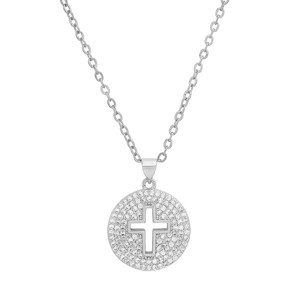 Steeltime Ladies brass simulated diamonds round cross pendant. Color Options: White, Gold - 1 of 4