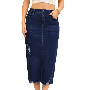 INSPIRE CHIC Women's Ripped Raw Hem High Waisted Stretch Midi Denim Skirt - 1 of 4