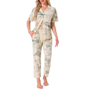 INSPIRE CHIC Women's Longewear Button Up Tencel Floral Ink Wash Pattern Short Sleeve Notched Collar Pants Set with Pockets - 1 of 4