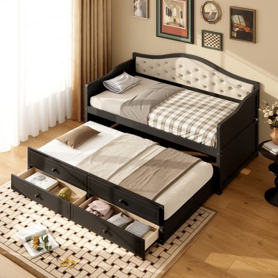 Lycvki Twin Wooden Sofa Bed with Trundle and 2 Storage Drawers,