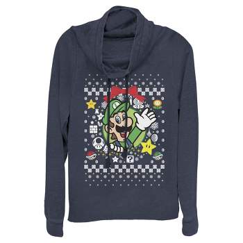 Juniors Womens Nintendo Ugly Christmas Luigi Wreath Cowl Neck Sweatshirt