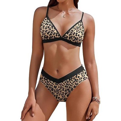 AI'MAGE Womens Two Piece Color Block Triangle High Cut Bikini Set Sporty Bathing Suits Black Leopard M