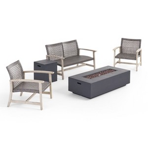 Christopher Knight Home Augusta Outdoor Acacia Wood and Wicker 4 Seater Chat Set with Fire Pit - 1 of 4