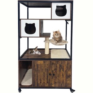 Litter Box Enclosure, Wooden Metal Frame Hidden Cat Washroom On Wheels with Hammock, Cat Tree with Litter Box Furniture, Cabinet - 1 of 4